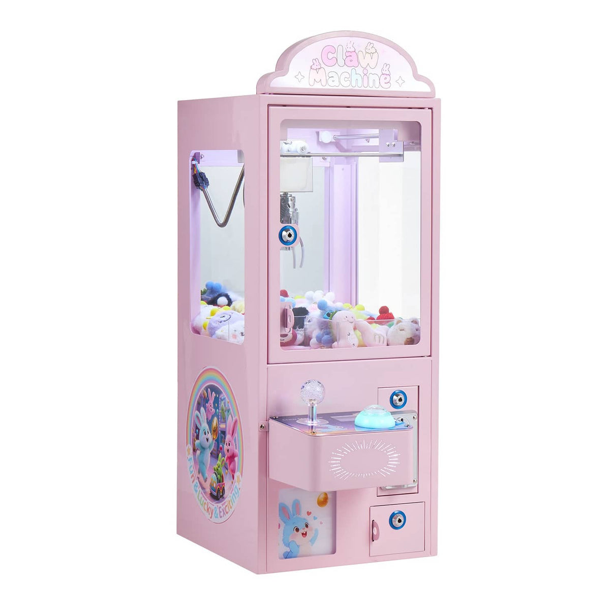 Pink claw machine arcade toy with front glass window and prize plush inside