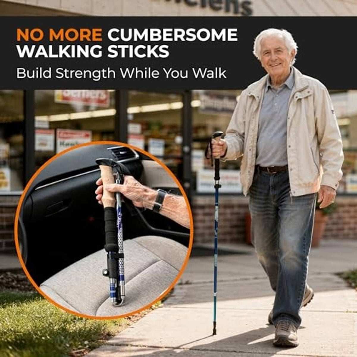 Senior man walking with blue collapsible hiking poles and hand-held grips