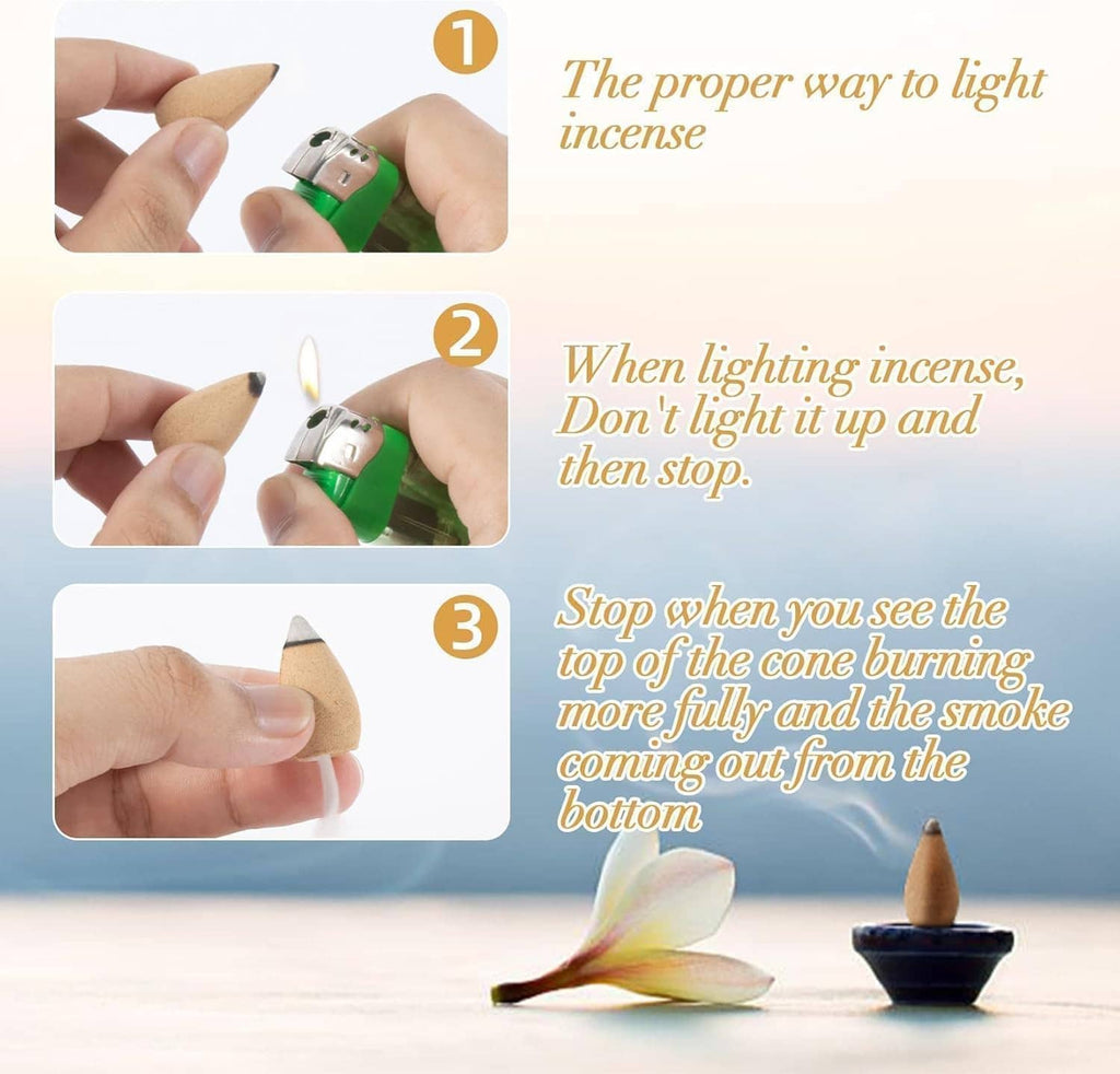 Hands holding an incense cone over a lighter, showing how to ignite backflow incense