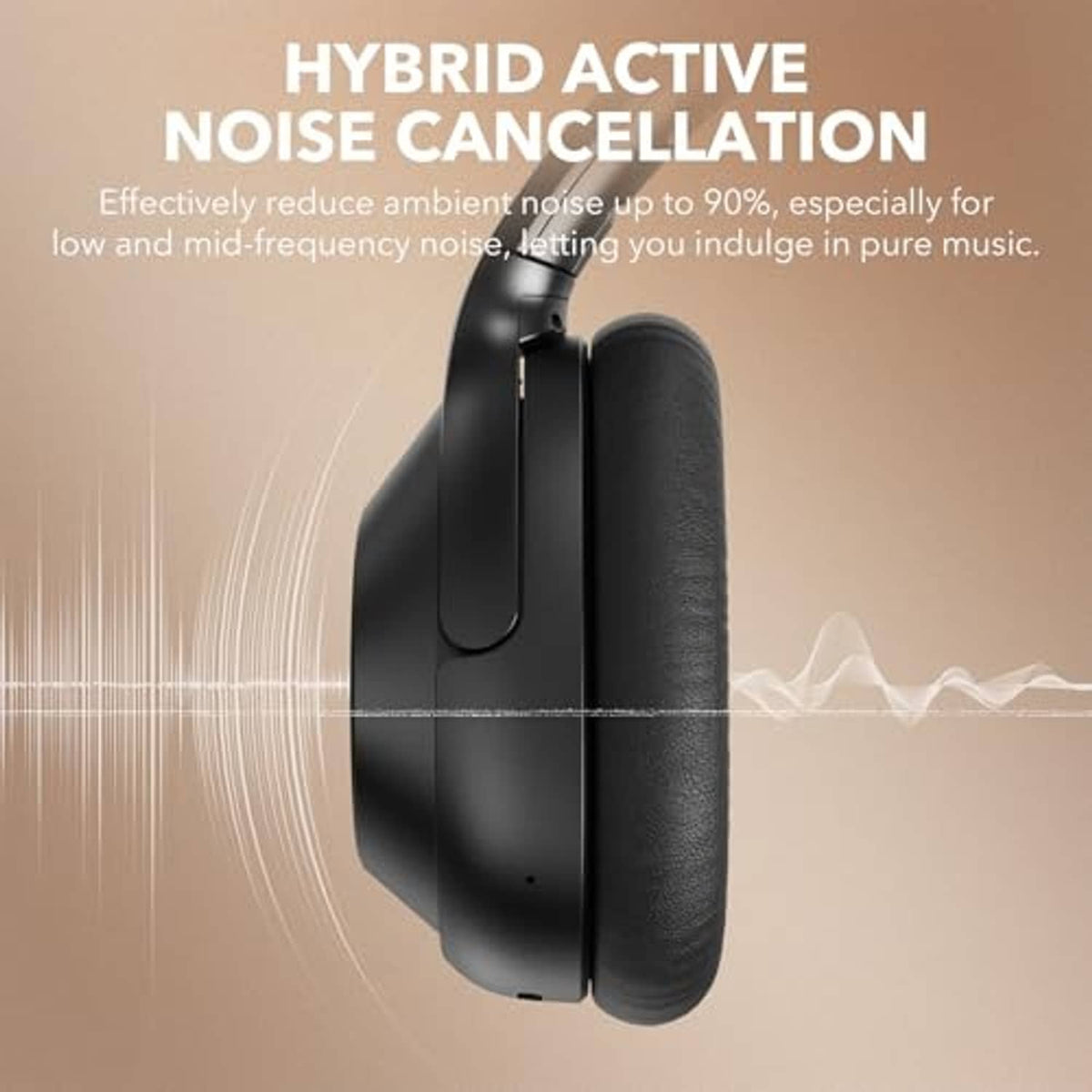 Black hybrid active noise cancelling over-ear headphones shown side view
