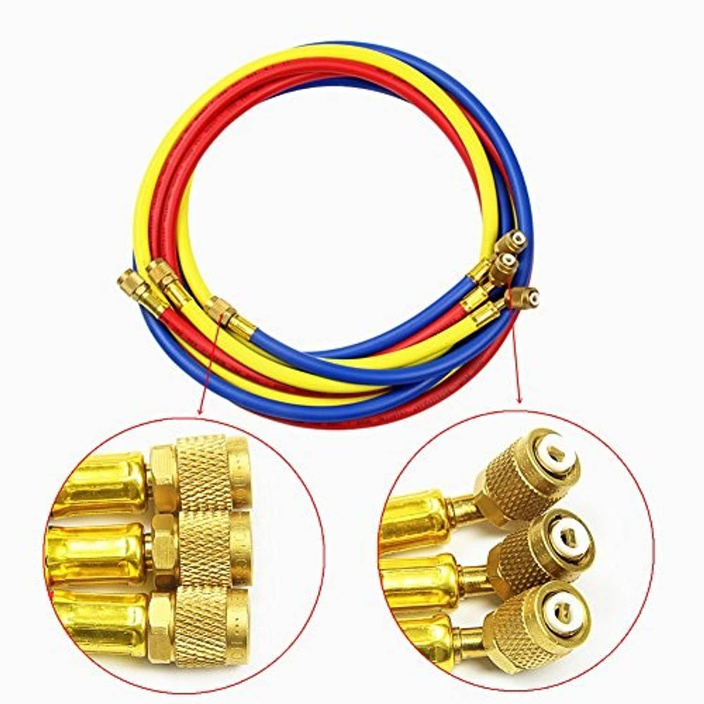 Refrigerant charging hose bundle with brass couplers on red, blue, and yellow lines