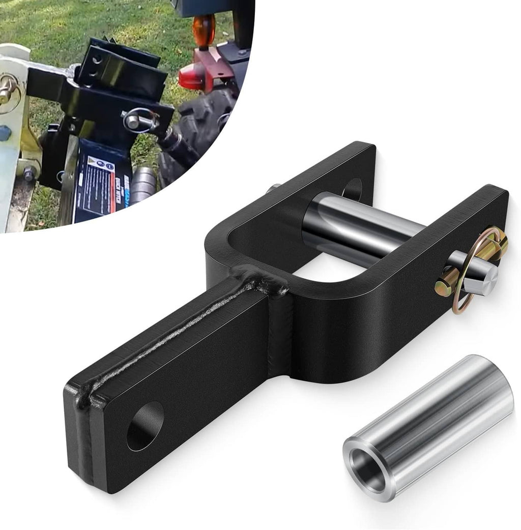 Black quick hitch adapter bracket with adapter sleeve and loop-style securing pin