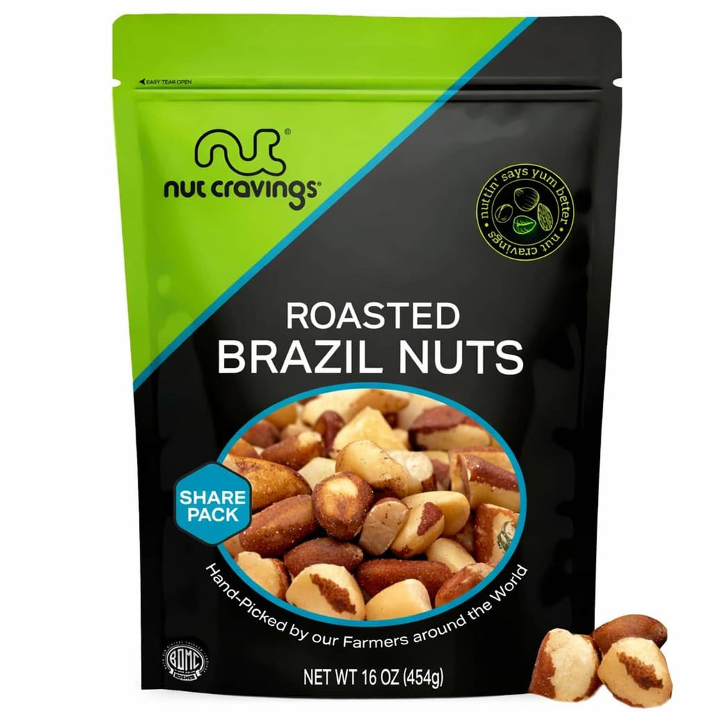 Roasted Brazil nuts share pack, unsalted in black and green resealable pouch