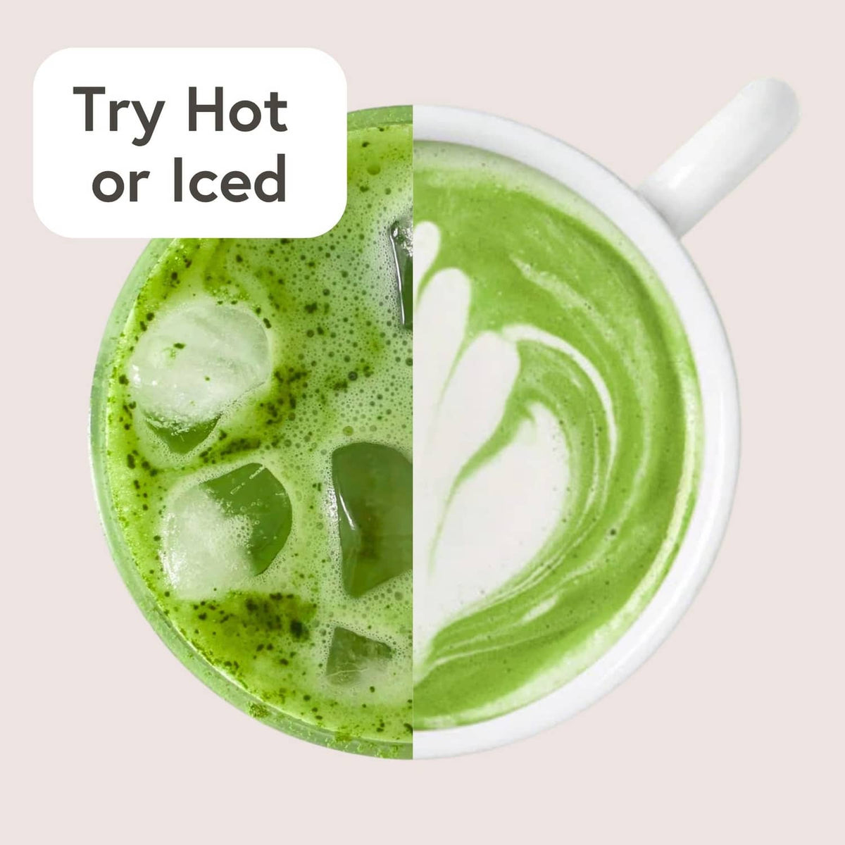 Hot and iced matcha latte cups with swirling green foam and froth