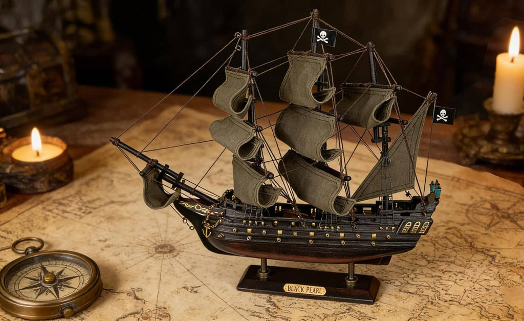 Wooden pirate ship model on base with olive sails in warm candlelit room setting