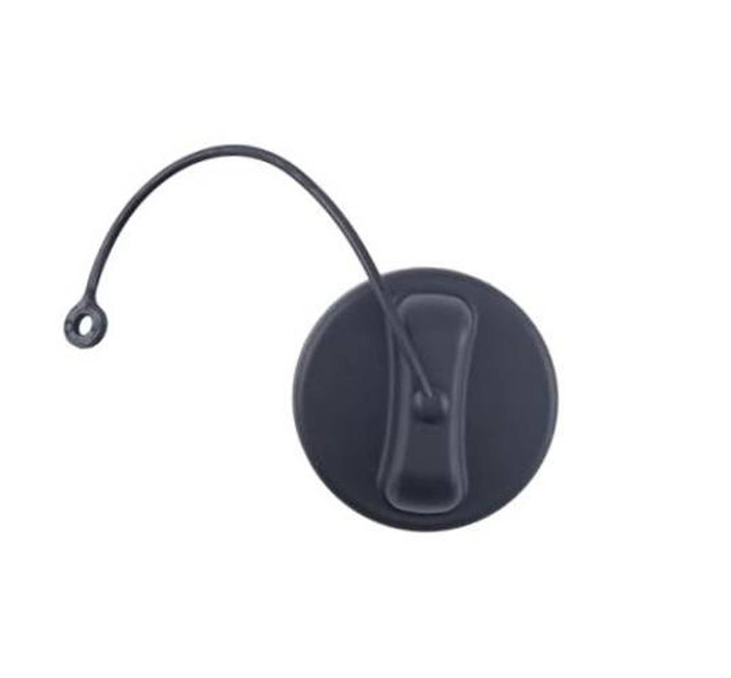 Diesel fuel tank filler cap with flexible tether, dark gray housing and latch tab
