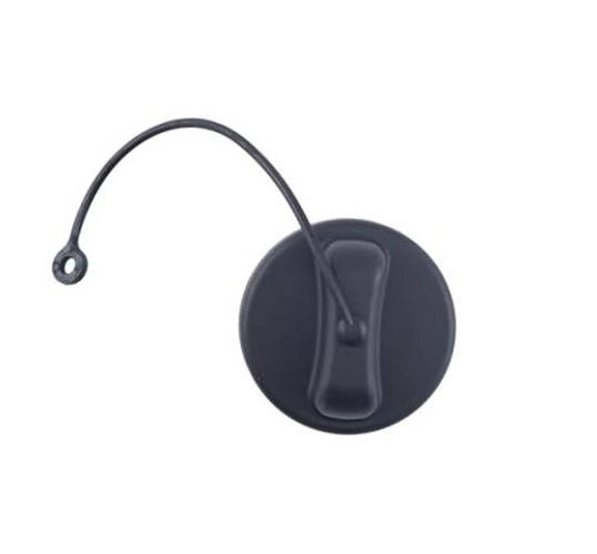 Diesel fuel tank filler cap with flexible tether, dark gray housing and latch tab