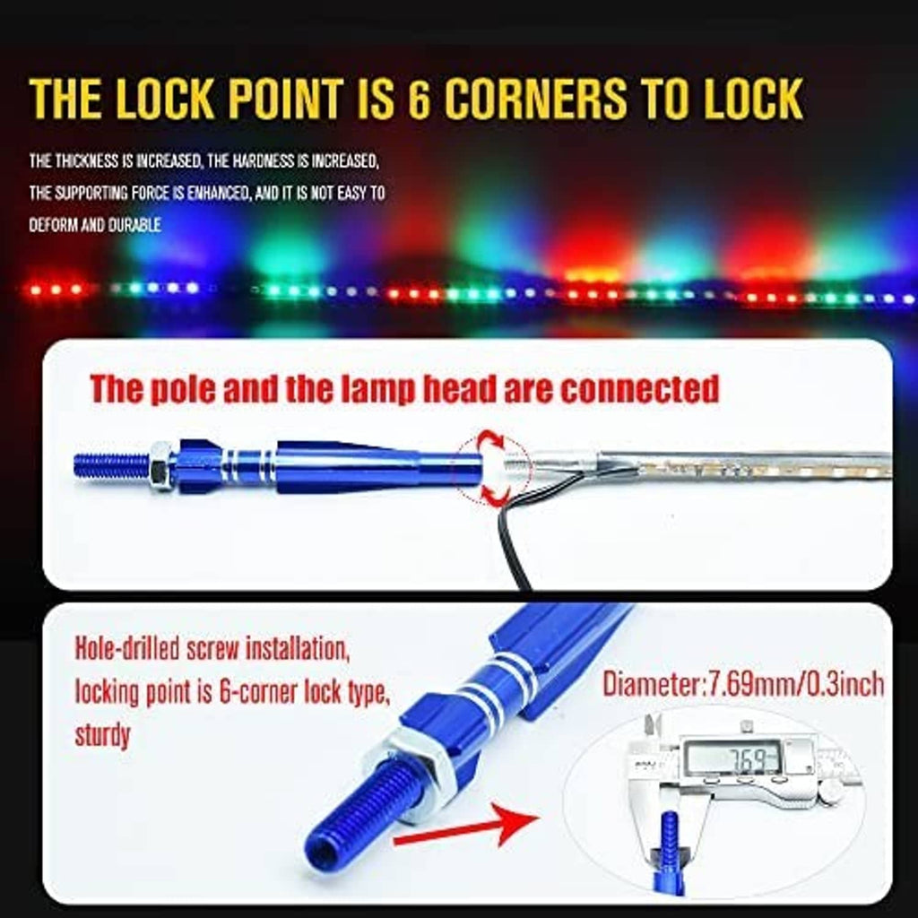 Blue RGB LED whip antenna light with connected lamp head and cable wiring