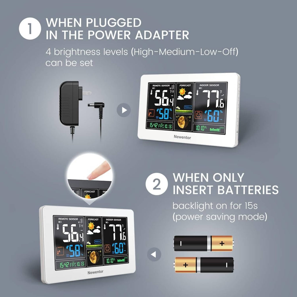 White weather station with LCD display plus power adapter and battery installation icons