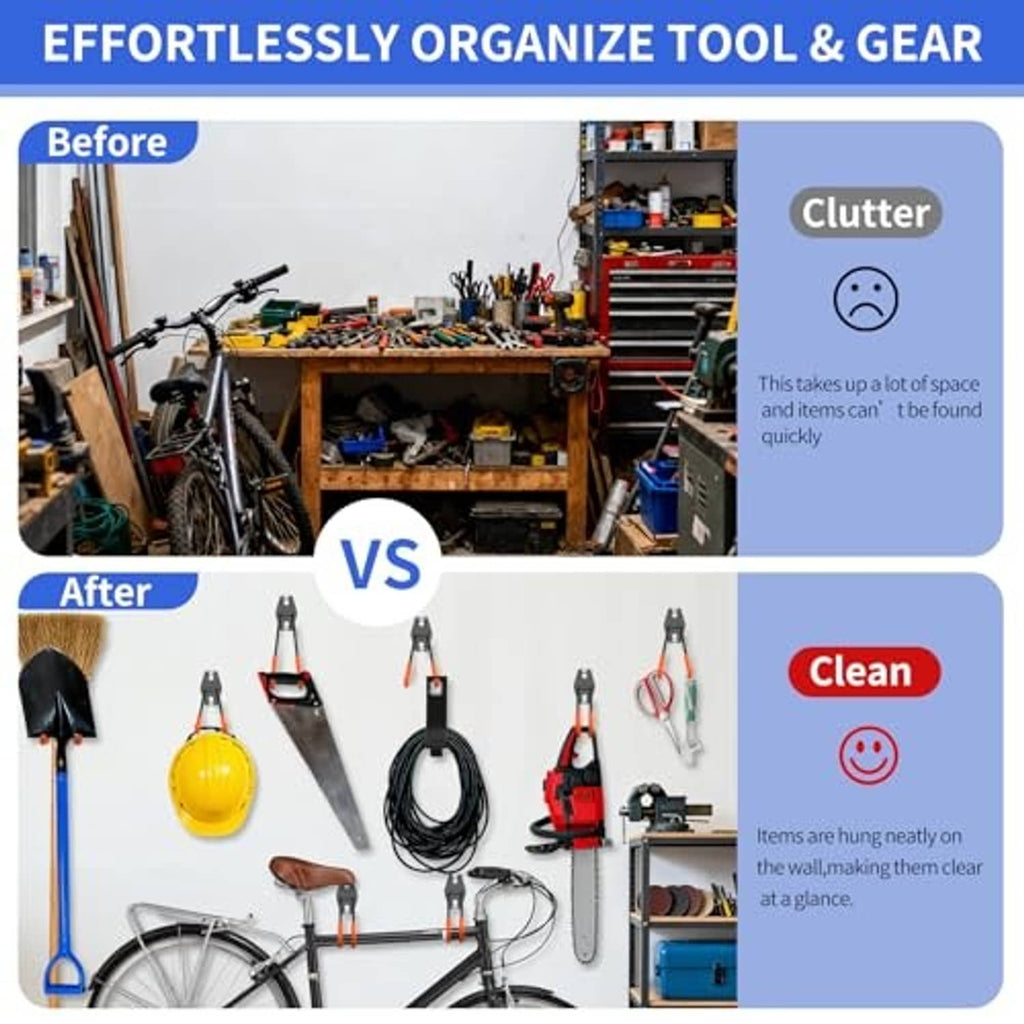 Garage tool organizer hooks with orange non-slip PVC double-prong arms and black steel brackets