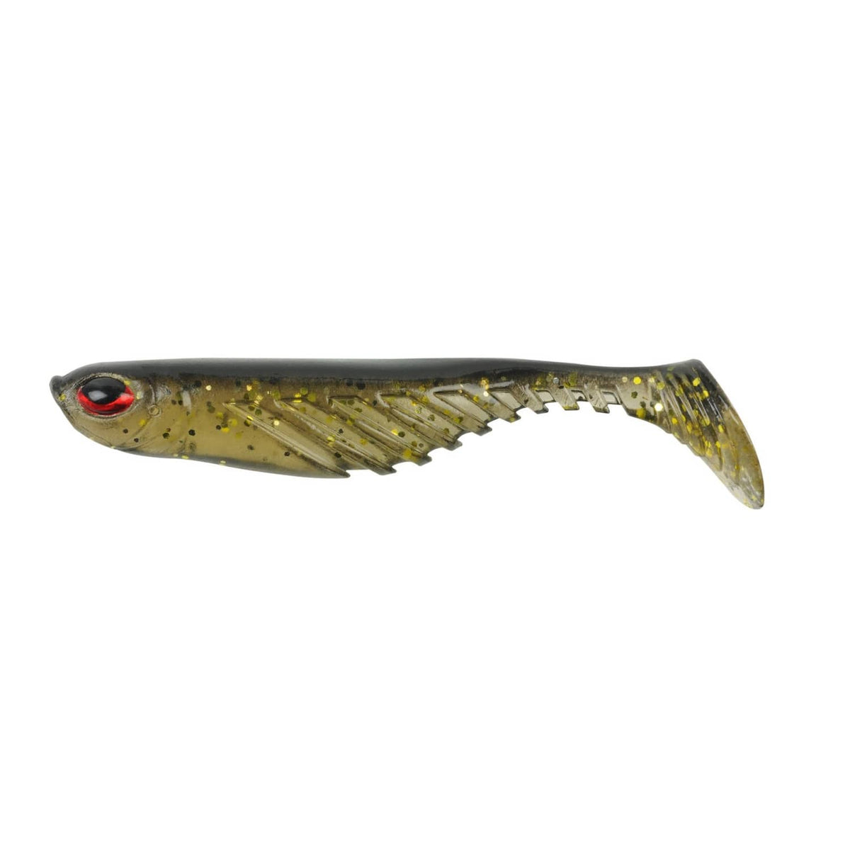 Holographic shad fishing lure with gold body, dark back, and red eye
