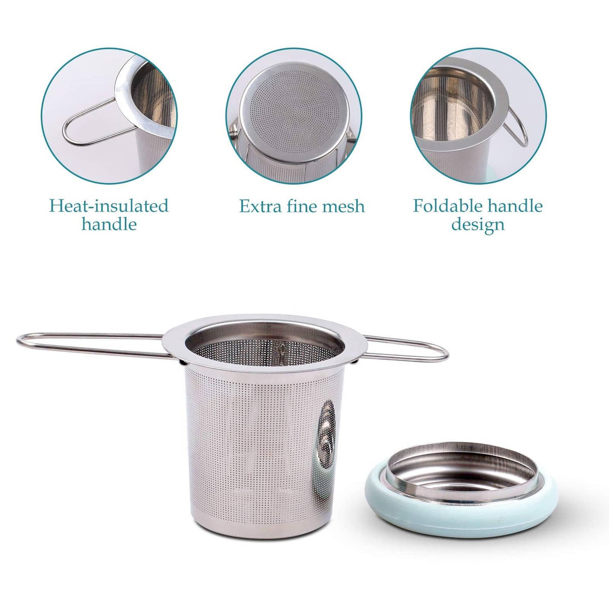 Extra-fine mesh stainless tea infuser with foldable metal handle and light blue lid