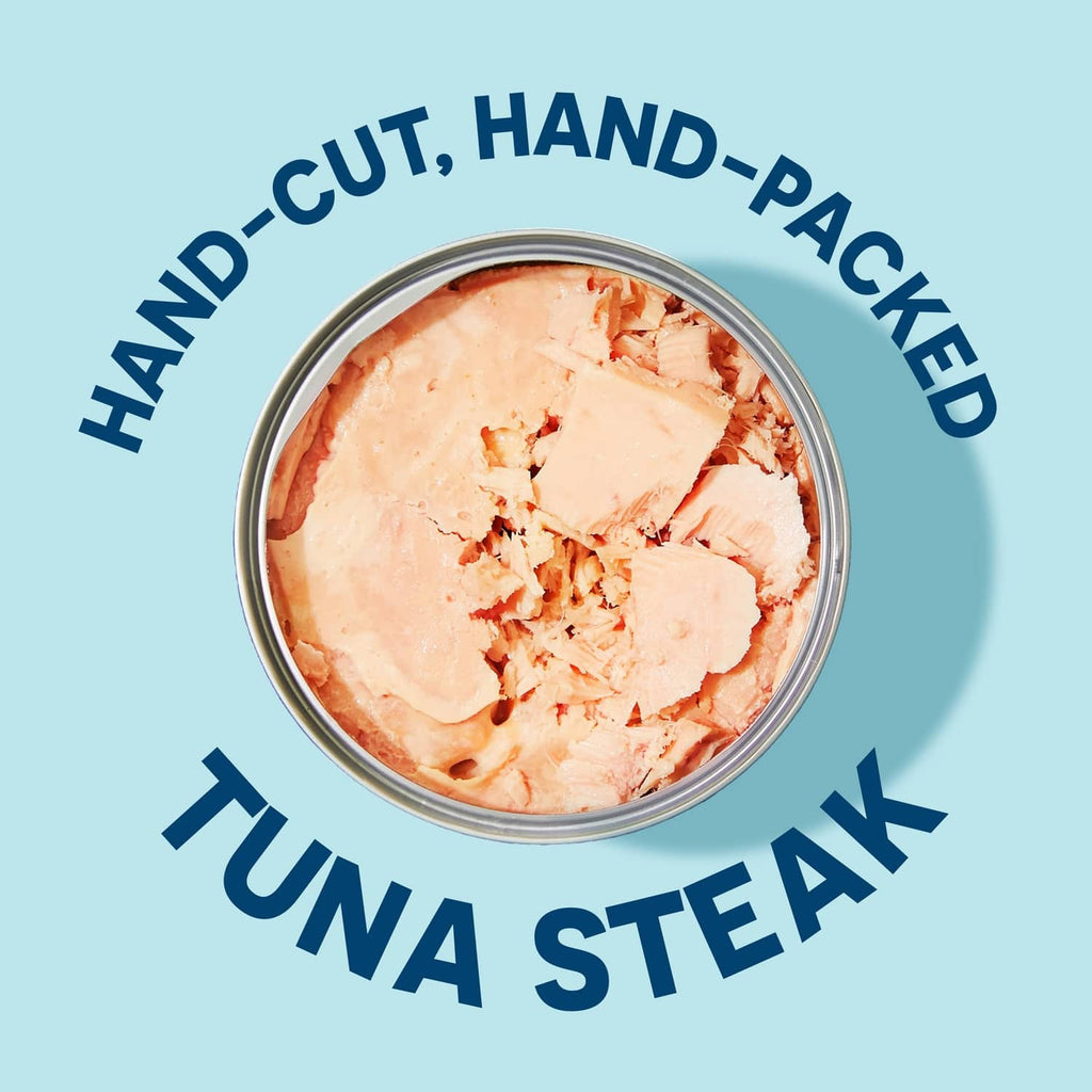 Opened can of albacore wild tuna steak with pale tuna flakes packed in metal lid