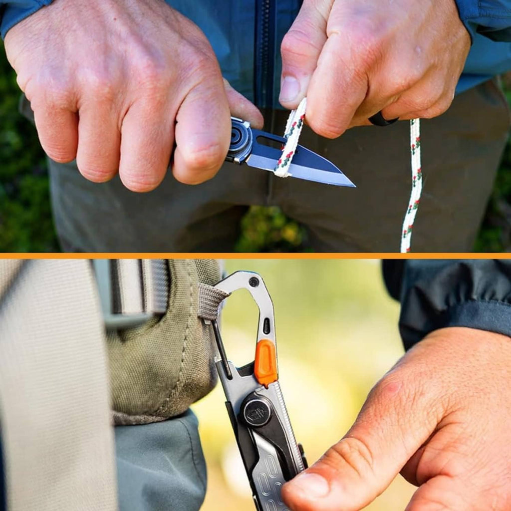 Hands using tan-and-black multi-tool on cord; close-up shows orange tool tab