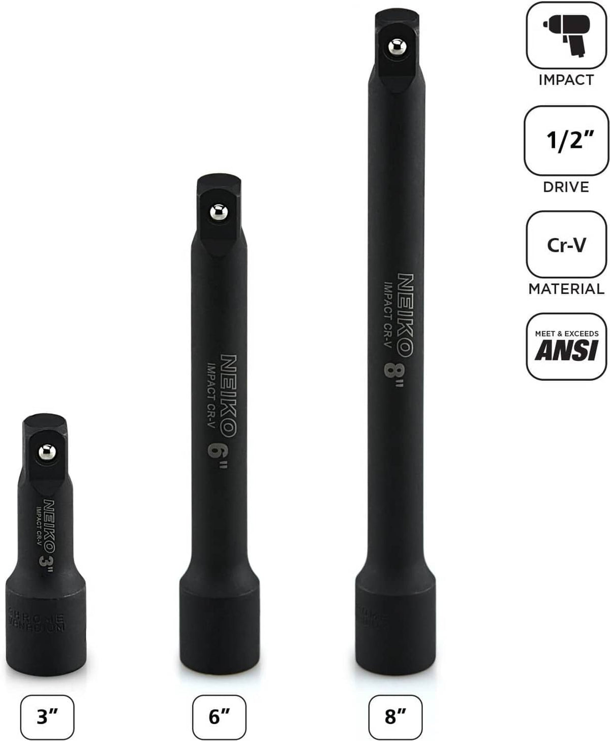 Black 1/2" drive impact extension bars, lengths 3", 6", and 8", Cr-V