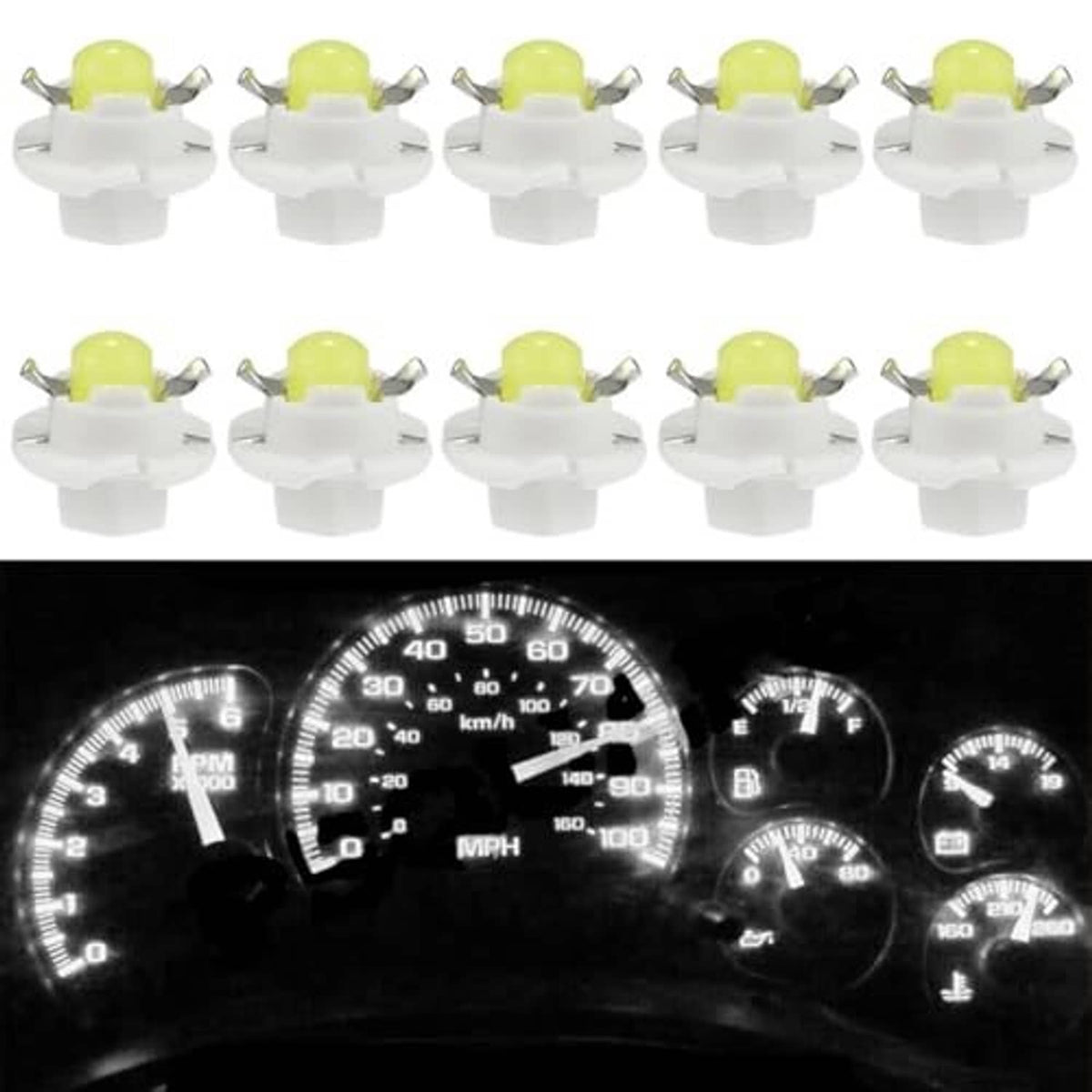 10 LED instrument gauge bulbs with yellow LED lens and white mounting base