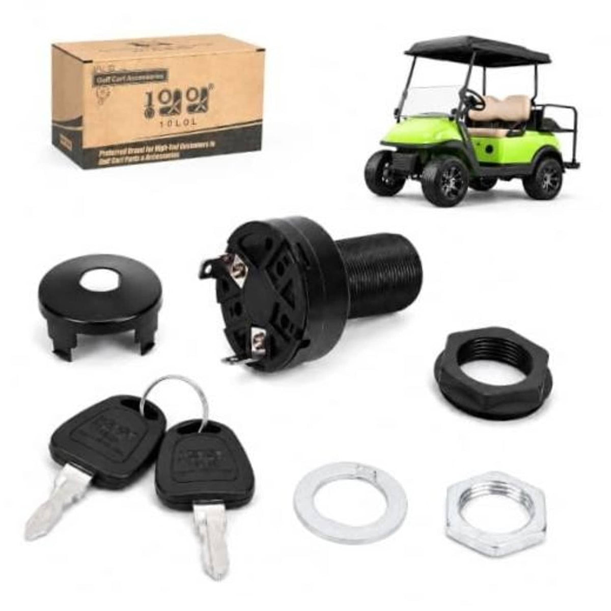 Ignition switch starter with two keys, mounting nut, and washers for golf cart