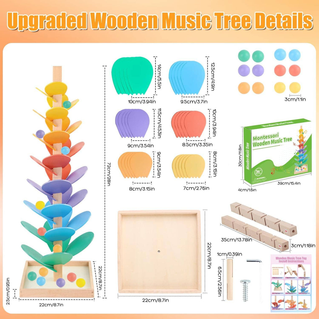 Wooden music tree toy detail view with rainbow leaves and multiple colored ball pieces