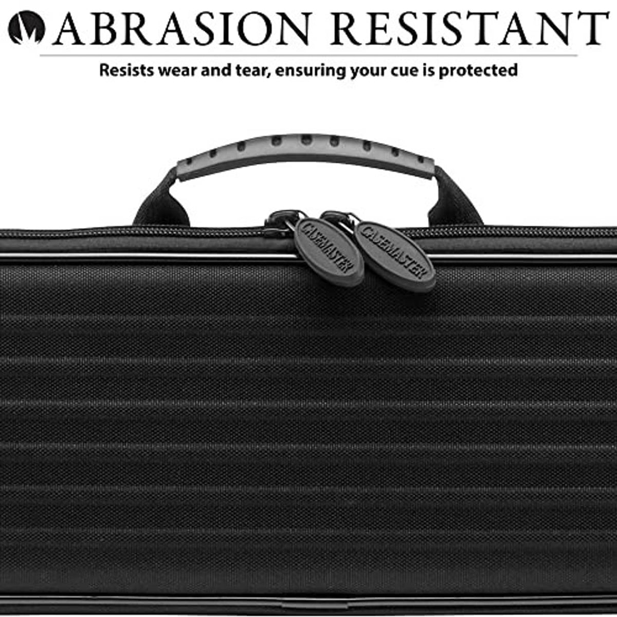 Black cue case with front handle and circular attachment loops on textured fabric