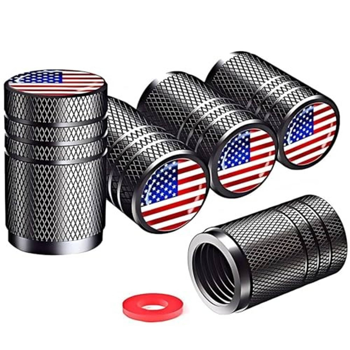 Five black knurled tire valve stem caps with American flag tops and one red seal