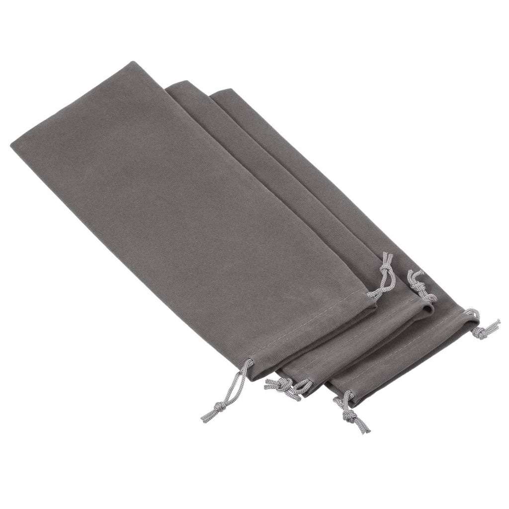 Gray microfiber drawstring storage pouch set, folded and tied with cord loops