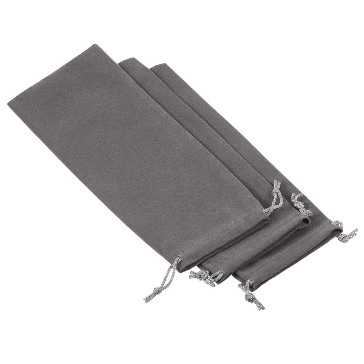 Gray microfiber drawstring storage pouch set, folded and tied with cord loops