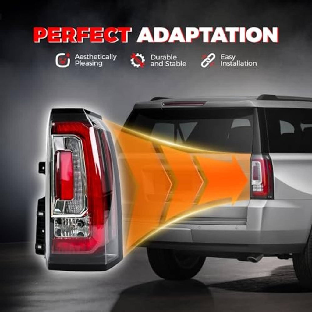 Right LED tail light assembly with illuminated red and clear lens, side view on SUV