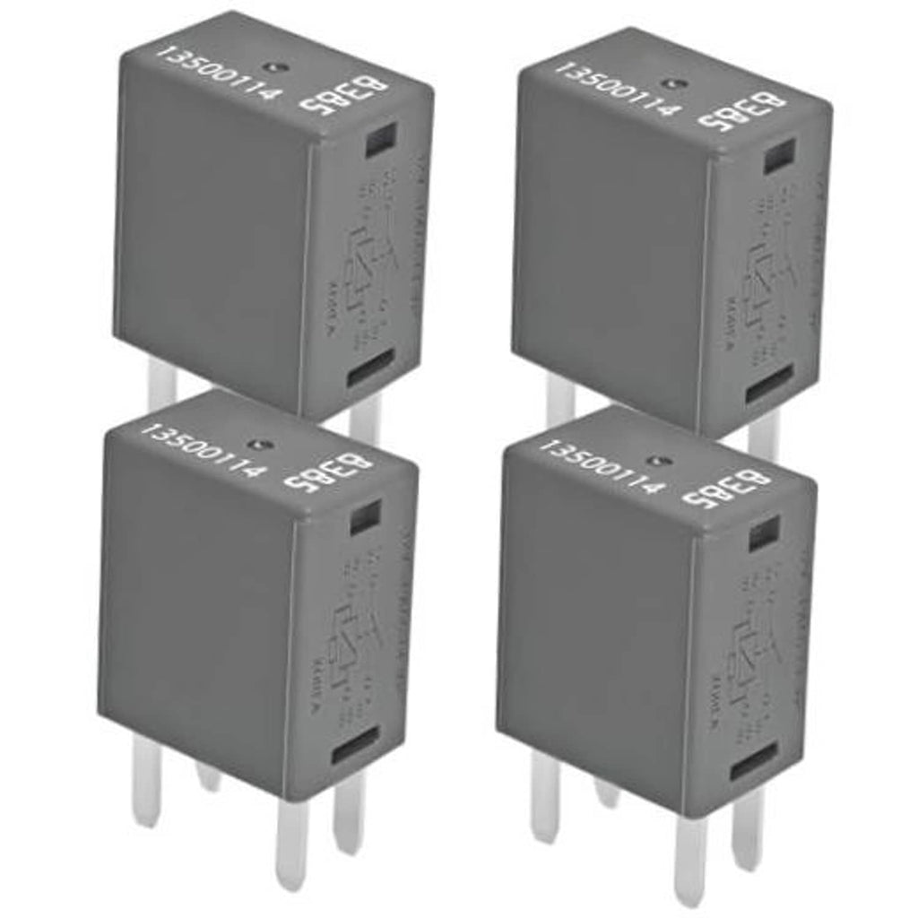 Pack of four 4-pin fuse relays, dark gray housing with two blade terminals