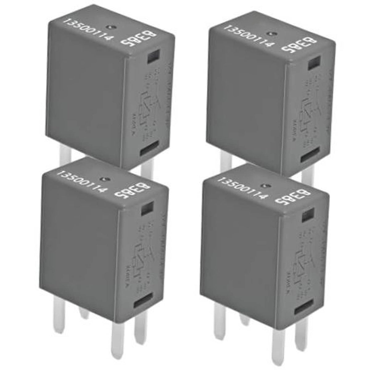 Pack of four 4-pin fuse relays, dark gray housing with two blade terminals