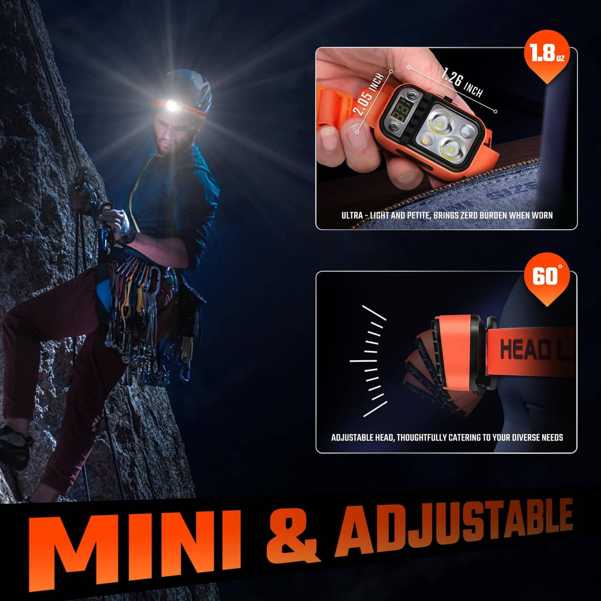 Orange compact LED headlamp with adjustable strap and front light module on a hand