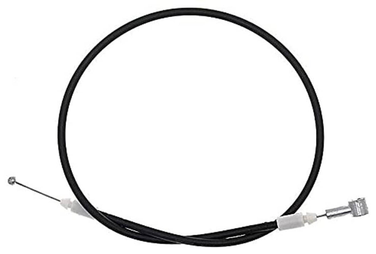 Hood release cable loop: black cable with white connector ends and metal ferrules