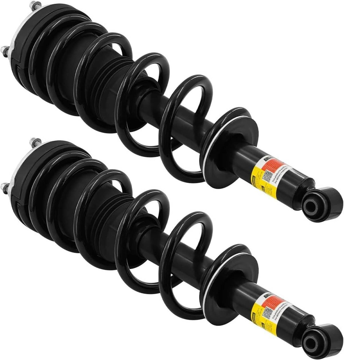 Pair of black shock struts with coil springs and mounting caps, side view