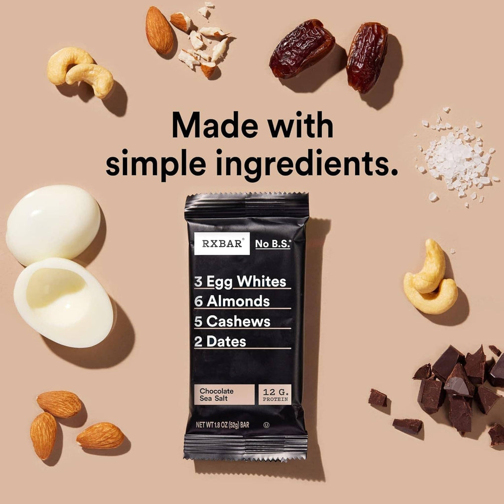 Chocolate sea salt RxBAR protein bar pack labeled 12 g protein