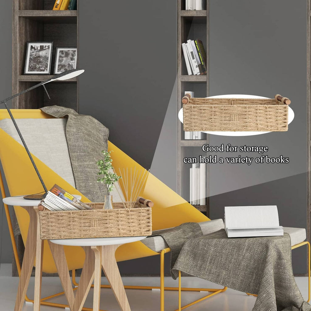 Beige woven paper rope storage basket with rope handles, holds books, open-top.