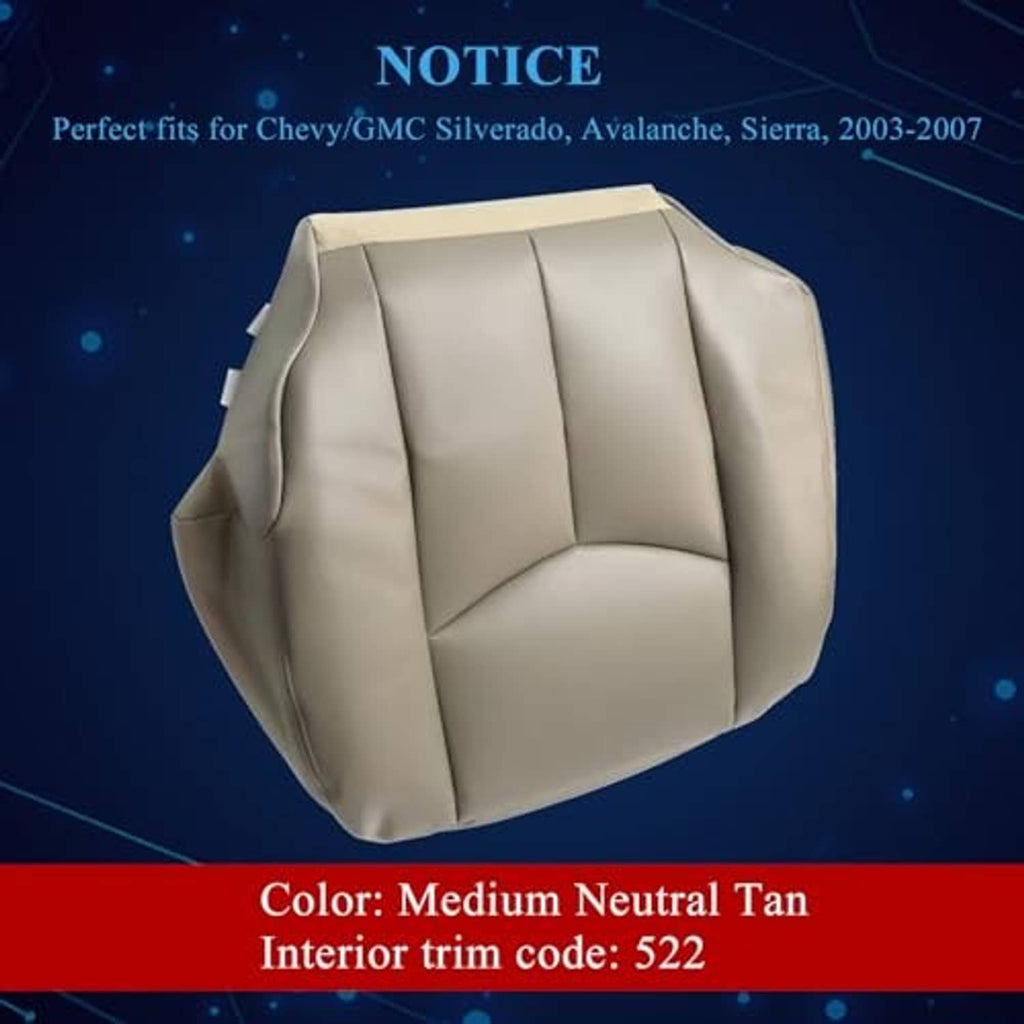 Tan leather-look seat bottom cover with molded panel design and matching color info