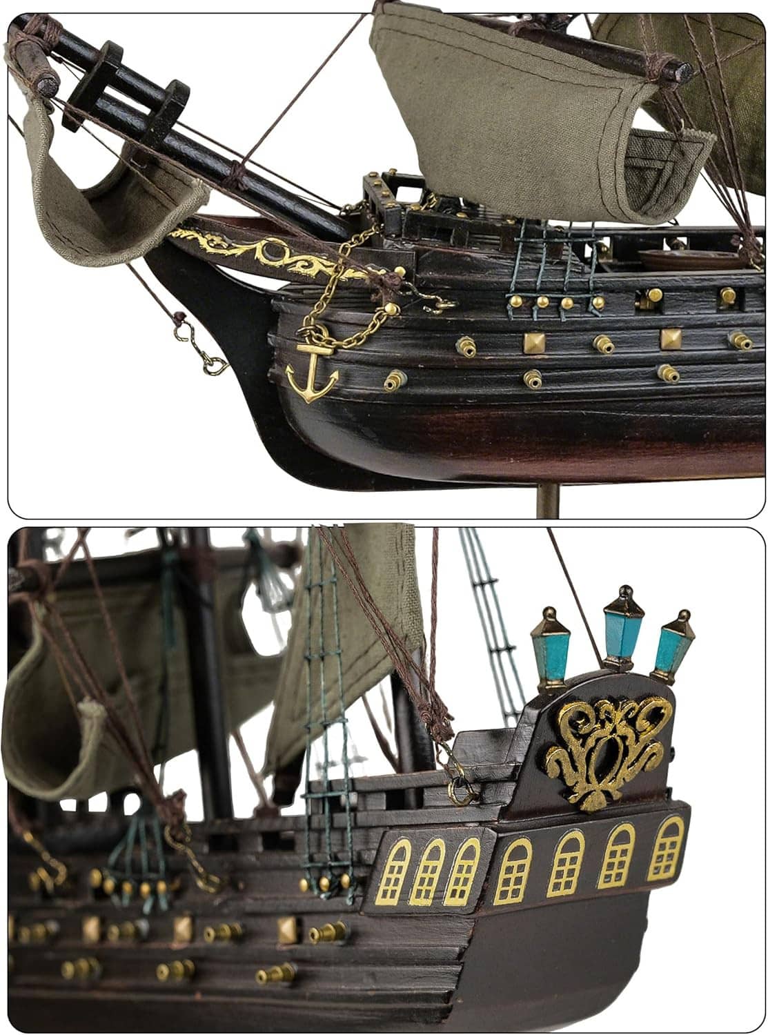 Wooden pirate ship model close-up of dark deck planks, rail details, and olive sail canvas
