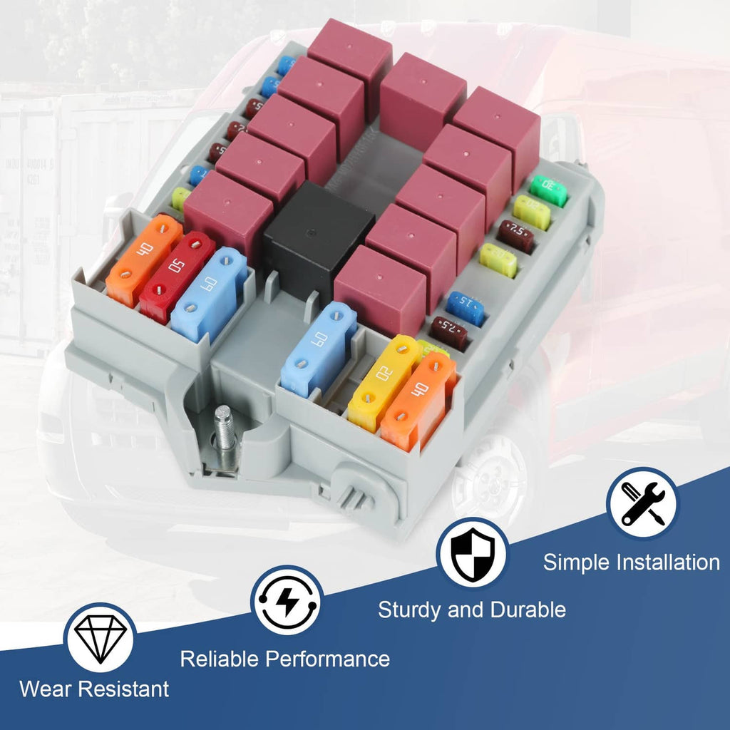 Power distribution center unit with grouped fuses, black relay module, and colored terminals