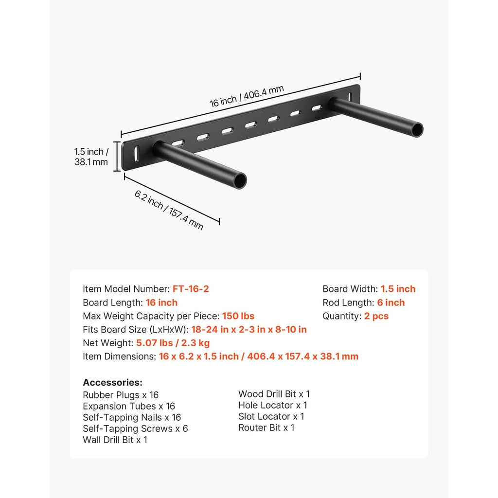 Black 16 in floating shelf bracket with two support tubes and perforated mounting slots