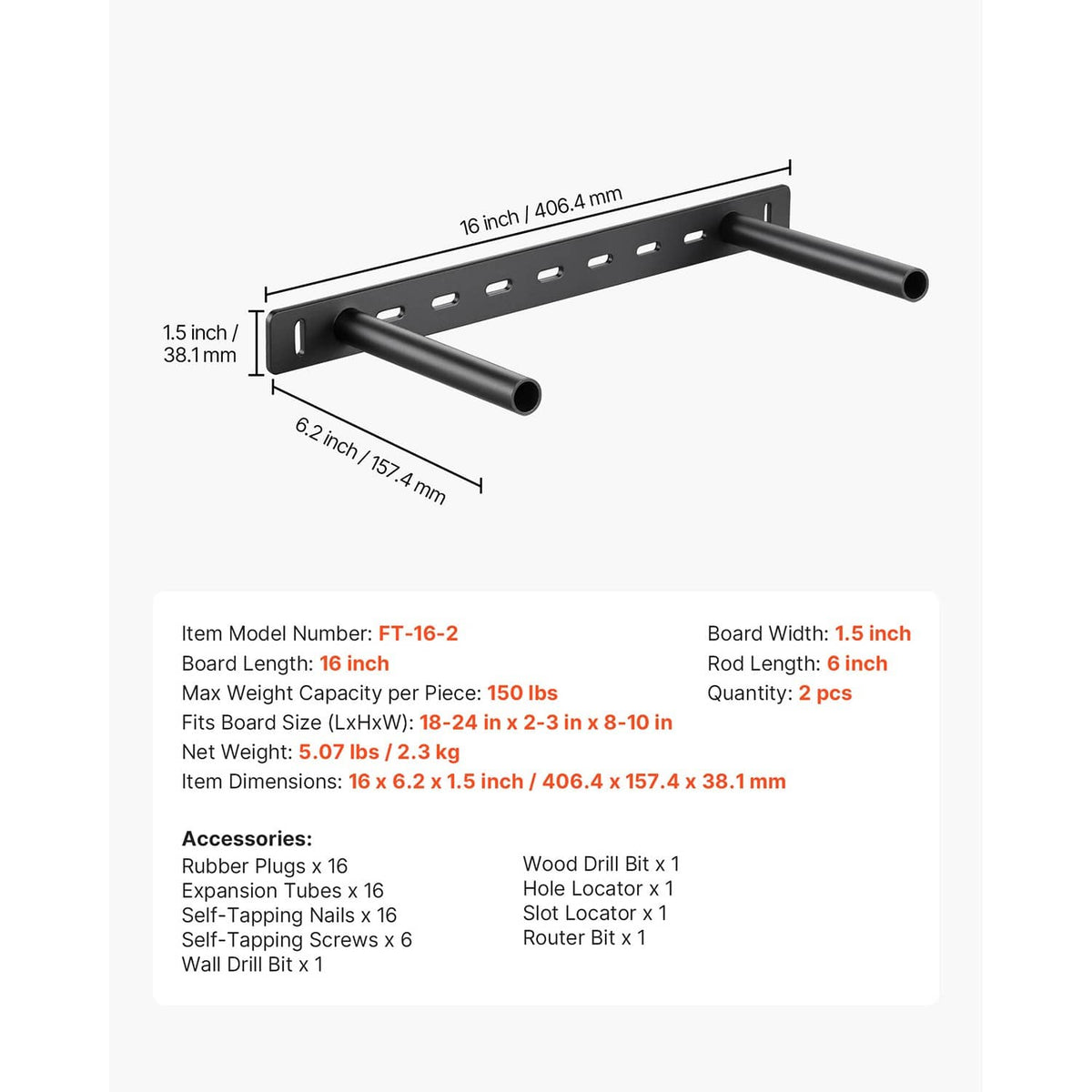 Black 16 in floating shelf bracket with two support tubes and perforated mounting slots