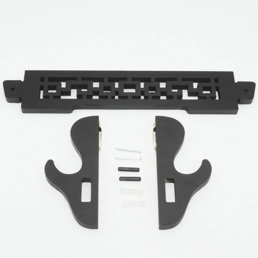 Black wall-mount sword holder with included screws and two curved sword supports.