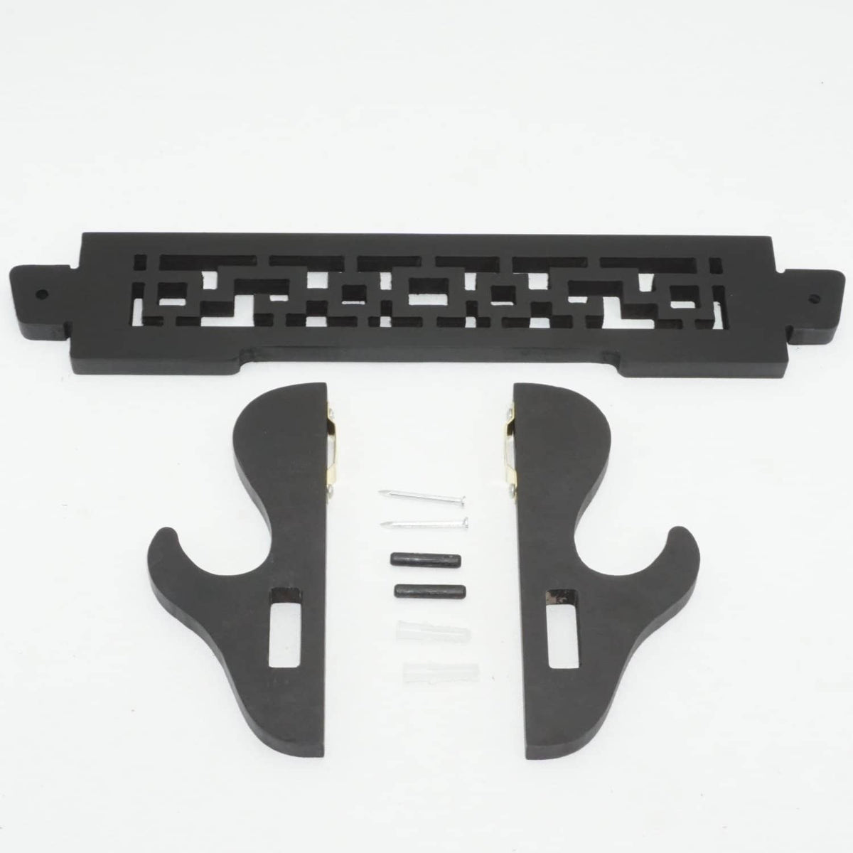 Black wall-mount sword holder with included screws and two curved sword supports.