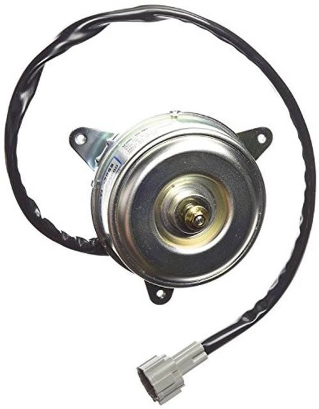Radiator/condenser cooling fan motor with round metal housing and black cable harness