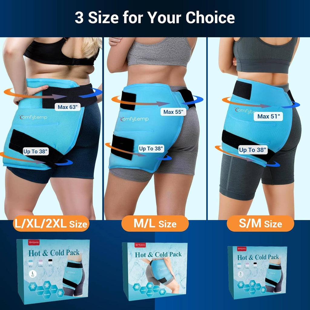 Light blue hip ice pack wrap with black straps, size options displayed