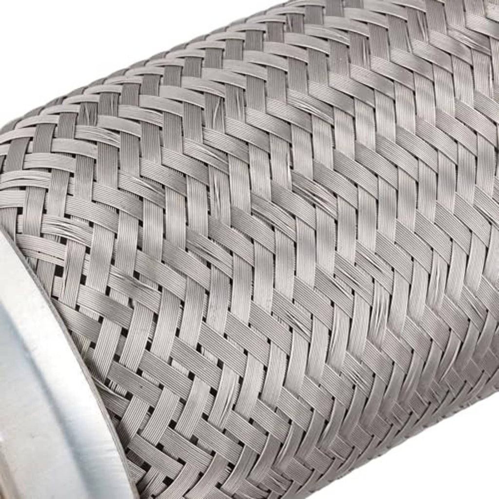 Close-up of stainless steel double-braided exhaust flex pipe mesh