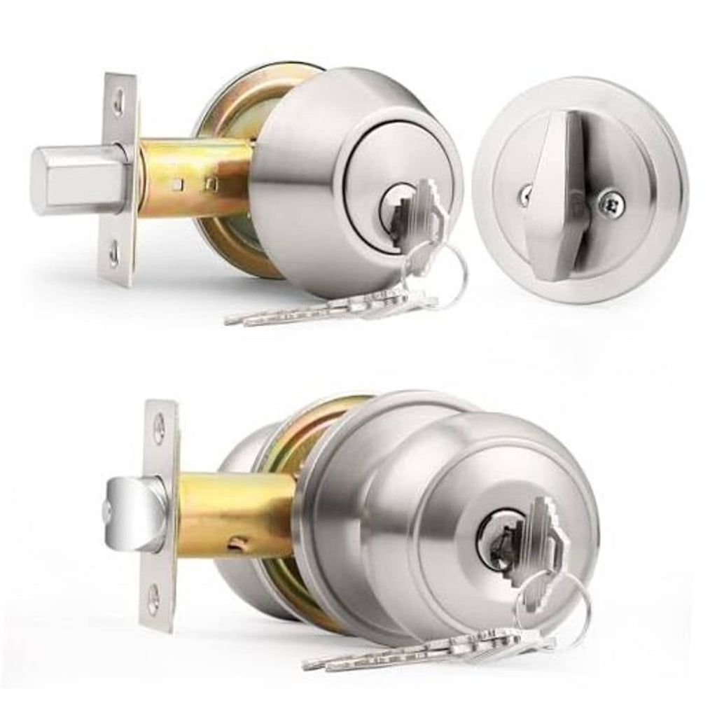 Brushed nickel door knob and deadbolt set with keys and round faceplates
