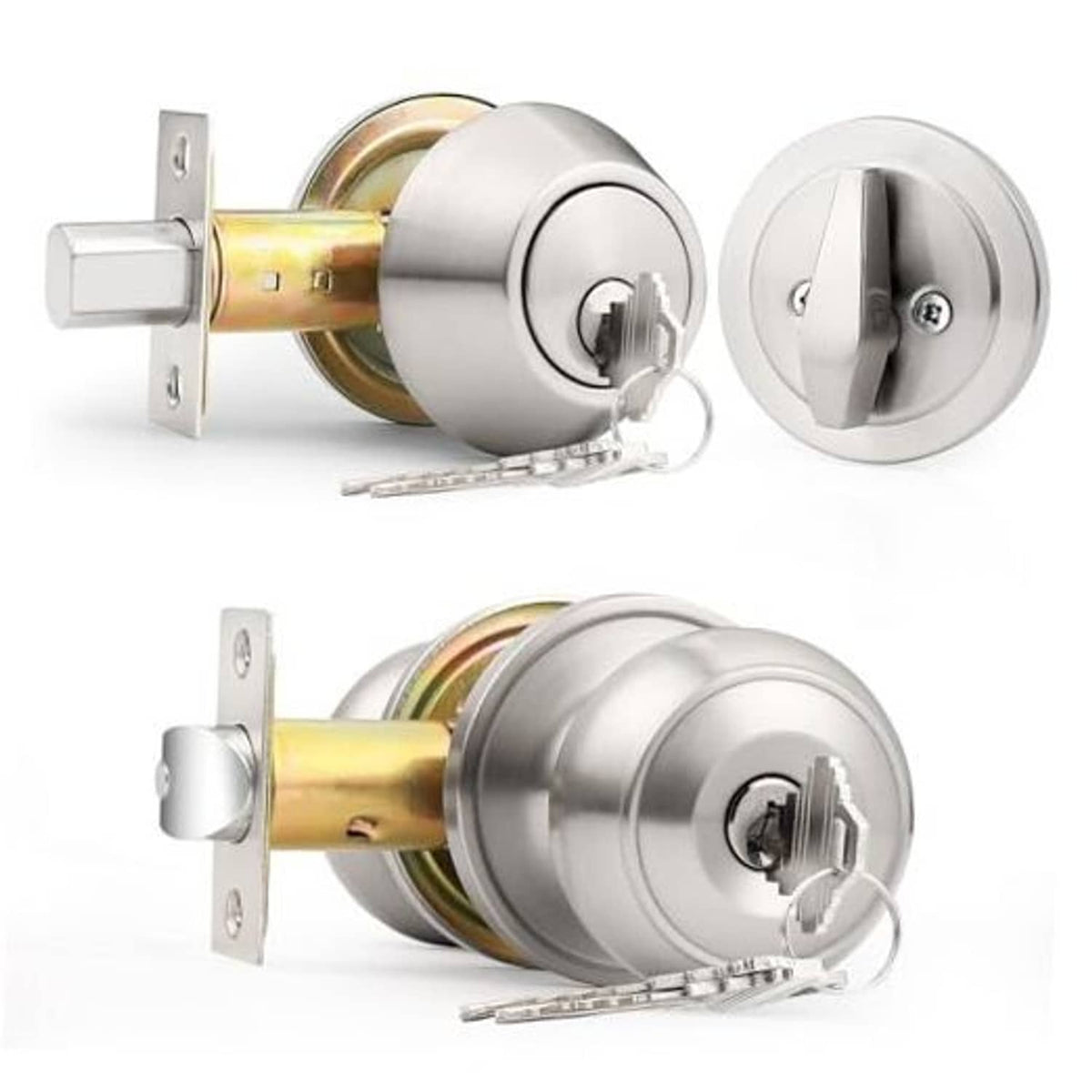 Brushed nickel door knob and deadbolt set with keys and round faceplates