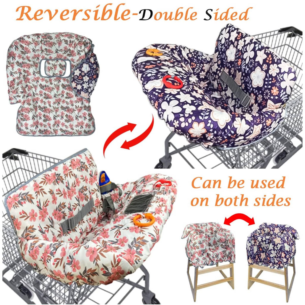 Reversible baby shopping cart cover showing floral side and navy floral side with straps