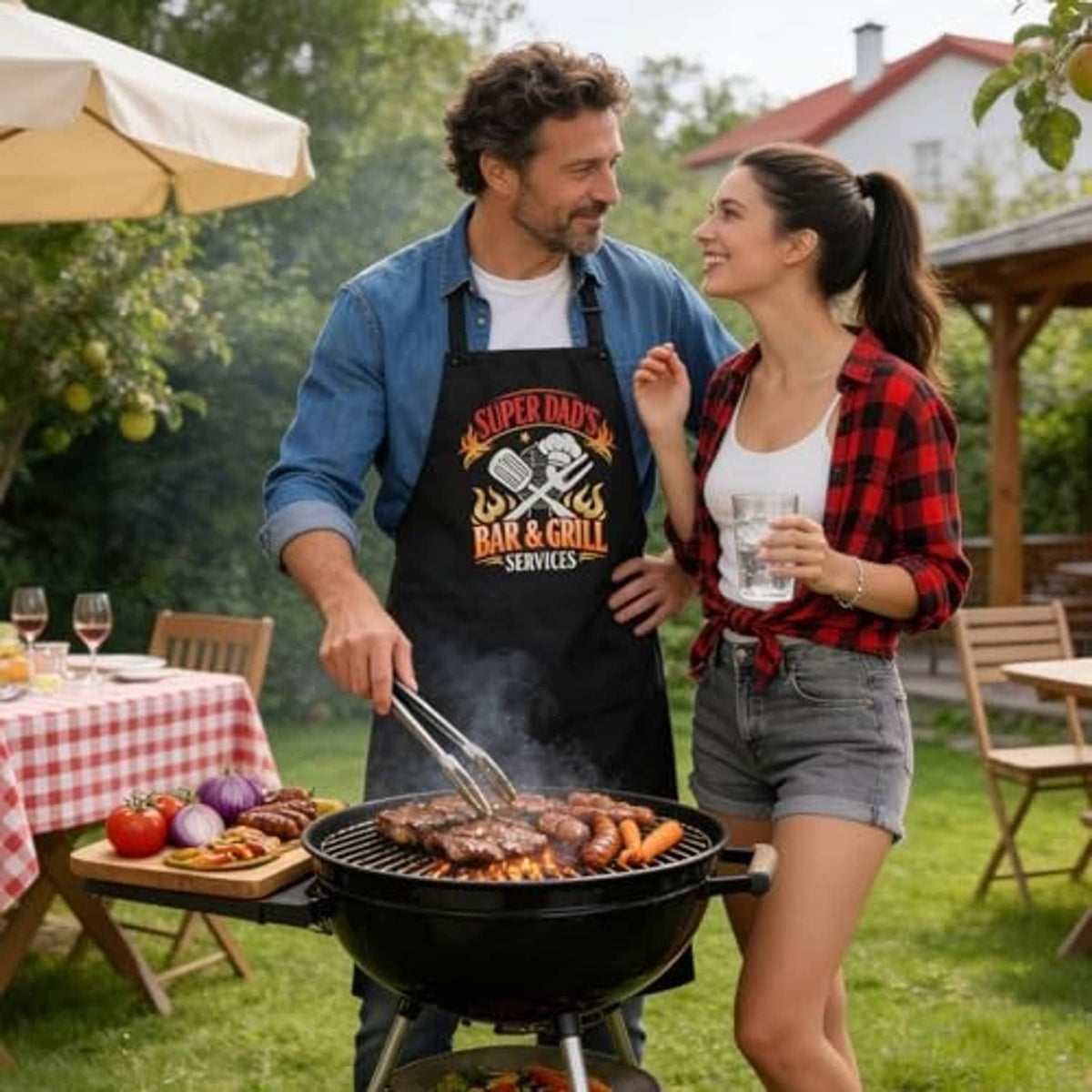 Black grilling apron worn while BBQing, with “Super Dad’s Bar & Grill Services” print