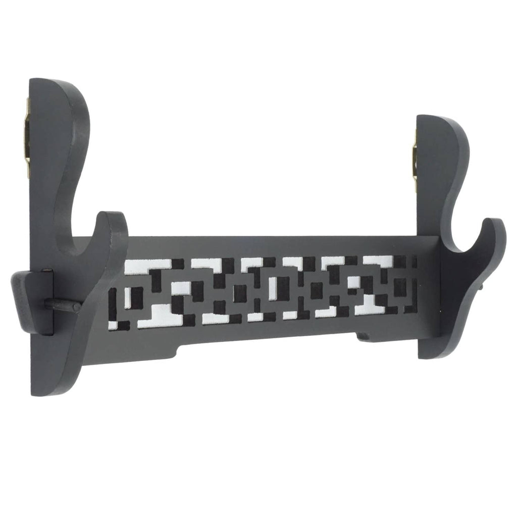 Black wall-mount sword holder with two curved slots and geometric front panel.