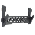 Black wall-mount sword holder with two curved slots and geometric front panel.